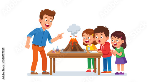 Excited children watch a teacher conduct a fun science experiment with a model volcano erupting with smoke