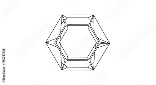 Geometric hexagon shape with internal lines and facets is presented in a clean black and white line art style for modern design.
