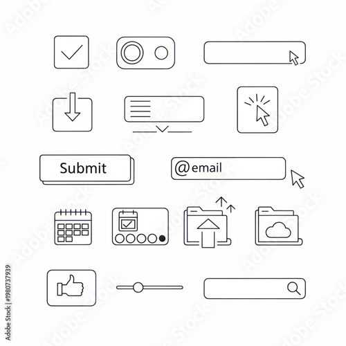 Collection of UI outline icons for web and app design including buttons, forms, and navigation elements.