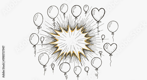 balloons and hearts flying out of explosion burst