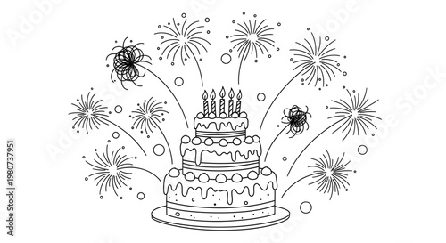 Birthday cake with candles and fireworks celebration