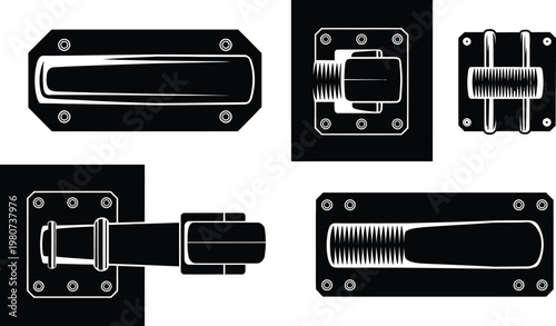 Set of industrial toggle latches and mechanical hardware locks vector silhouette