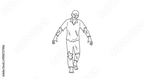 Zombie, undead creature, walking skeleton, black outline, vector illustration