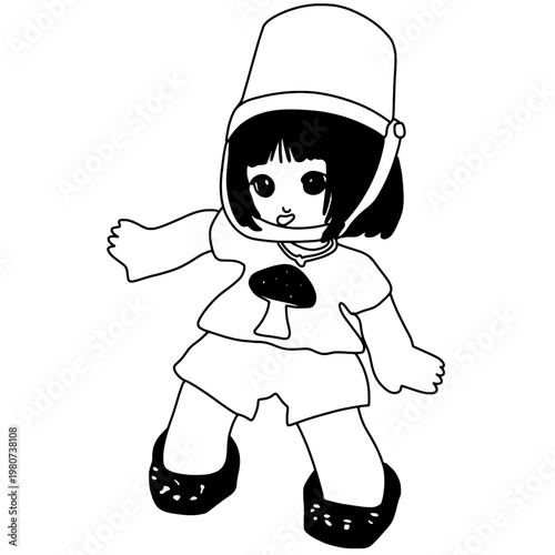 Cute cartoon girl wearing a large helmet and casual outfit standing with open arms cheerful expression highlights playful character style with clean lines on a simple background