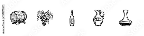 Vineyard and Winery Elements with Inky Brush Strokes and Hand-Drawn Painterly Aesthetic for Viticulture Design