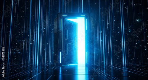 Opening the door to enter the world of technology There are connecting lines on the back. Referring to the use of technology to access information, learn, and find important information.  new