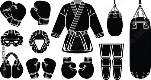 Boxing and Martial Arts Equipment Silhouette Icon Set Vector Illustration