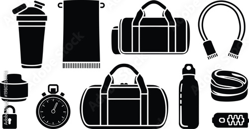 Gym equipment and fitness accessories black silhouette icon set vector