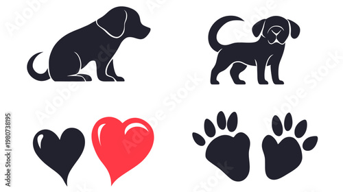 Collection of cute animal and heart shapes, featuring dogs and paw prints in a simple, flat design