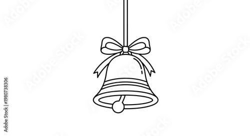 Simple Christmas bell with a ribbon bow hangs from a string in a clean black and white line art illustration for seasonal decor.