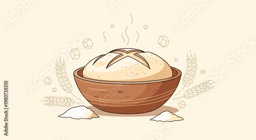Freshly baked loaf of bread sits in a wooden bowl surrounded by wheat stalks and sprinkles of flour for a warm kitchen aesthetic.