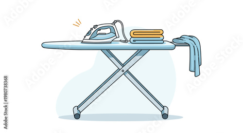 Household ironing board is set up with a modern iron and folded laundry including blue and yellow towels in a clean home scene.