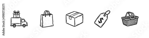 Online Shopping and E-commerce Retail Elements with Hand-Drawn Inky Brush Strokes and Organic Calligraphic Ink Textures.