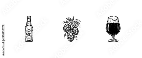 Craft Beer Brewery and Oktoberfest Elements with Hand-Drawn Inky Brushwork and Detailed Engraving Aesthetic
