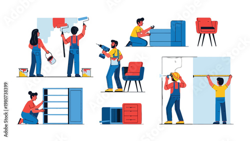Home Improvement Ensemble: A collection of skilled individuals diligently engaged in various home improvement tasks, from painting walls to assembling furniture.