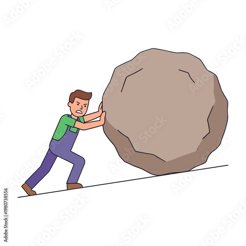 A man struggles to push a large rock uphill with effort.