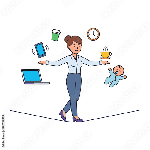 A woman balances multiple tasks juggling a baby, coffee, phone, laptop and drink while standing on a tightrope.