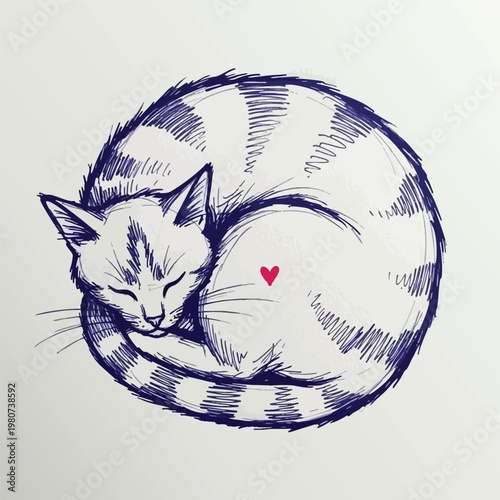 Peaceful Cat Sleeping in a Curled Position on a Light Background