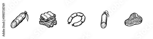 Butcher Shop Meat Cuts and Deli Sausages with Hand-Drawn Inky Brushwork and Organic Textures