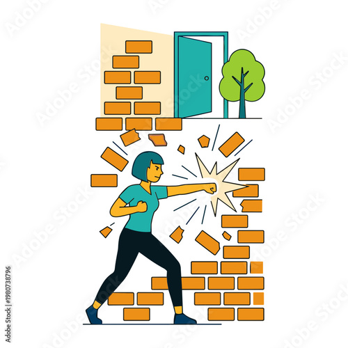A person punches through a brick wall with a door and tree in the background.