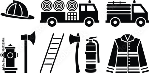 Firefighter equipment and rescue tools black silhouette vector