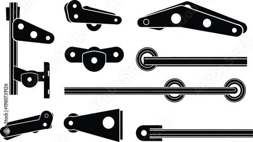 Sliding barn door hardware and mechanical bracket silhouettes vector