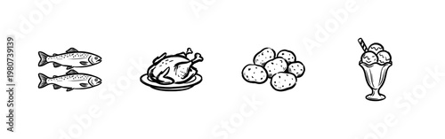 Food Ingredients and Gourmet Prepared Dishes with Inky Brushwork and Hand-Drawn Painterly Style.