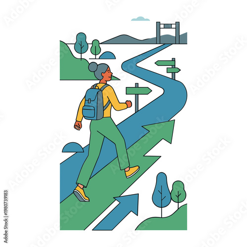 Woman walks along winding path with arrows and signs towards bridge