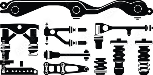 Car Suspension System Components and Shock Absorbers Vector Silhouette