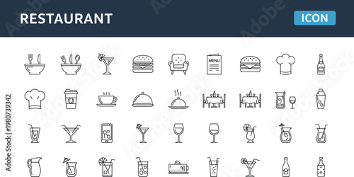 Restaurant food and drink line icon set with menu chef kitchen dining beverages outline vector collection for hospitality services