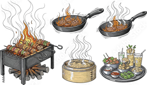 Traditional outdoor cooking and meal preparation illustrations Vector