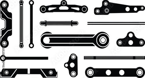 Mechanical linkage, control arm, and suspension parts vector silhouette