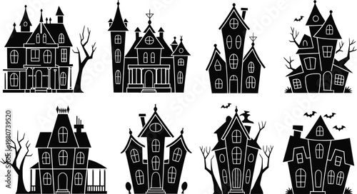 Halloween haunted house silhouette vector collection, spooky gothic mansion icon