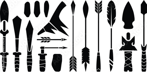 Primitive Tribal Weapons and Ancient Hunting Tools Silhouette Vector