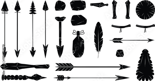 Primitive Tribal Weapons and Ancient Hunting Tools Silhouette Vector