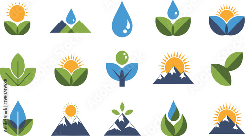 Collection of nature-themed icons depicting elements like water, sun, plants, and mountains Vector