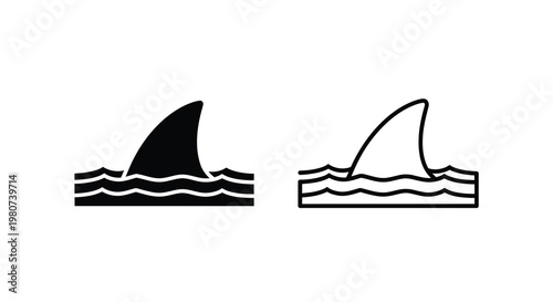Two stylized shark fin silhouettes swim within wavy lines representing ocean water