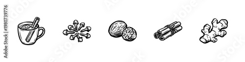 Winter Spices and Hot Mulled Drink Ingredients with Hand-Drawn Inky Brush Strokes and Organic Calligraphic Lines