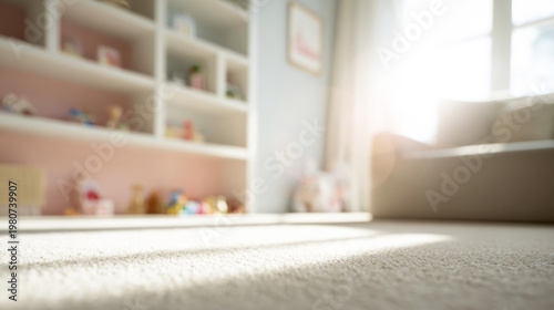 Soft carpet texture filling a comfortable children's room, with shelves displaying toys and warm sun rays illuminating the floor