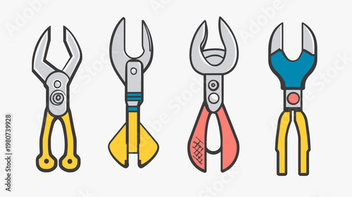 Four stylized adjustable wrenches, colorful handles on a white background, cartoonish style