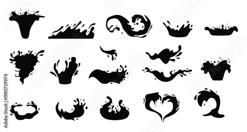 Splash milk and water splatters, glossy puddle paint shape, splash curves with creamy milk texture and calm water puddle feel.