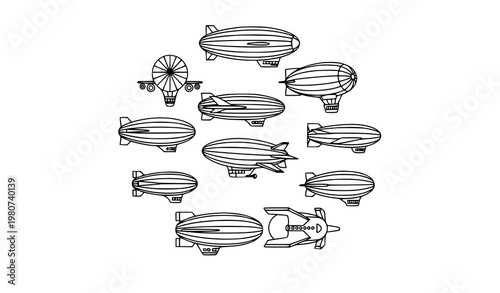 Airship and Blimp Outline Icon Collection Thin Line Aviation Symbols Black and White Vector Set Isolated on White