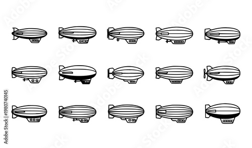 Airship and Blimp Black and White Icon Set Minimal Aviation Transportation Vector Silhouettes Isolated on White