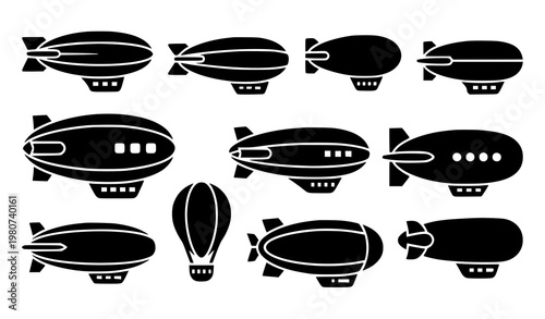 Black and White Airship Blimp Glyph Icons Bold Aviation Transportation Symbol Set Vector Isolated on White