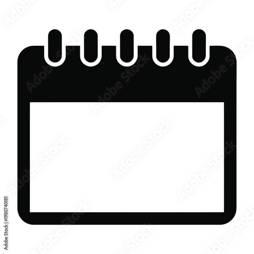 A simple black calendar icon with spiral binding is prominently displayed as a stark silhouette