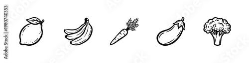 Healthy Organic Vegetables and Fresh Fruits in Hand-Drawn Ink Brush Style with Bold Saturated Colors