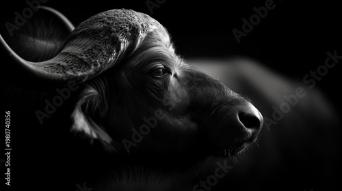 Calm buffalo in black and white on black background