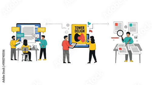 Digital Collaboration: A dynamic illustration showing a team engaged in a digital collaboration, showcasing the synergy between technology and teamwork in a modern workspace.