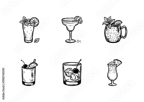 Classic Mixed Cocktails and Refreshing Summer Drinks with Hand-Drawn Inky Brushwork and Detailed Engraved Texture