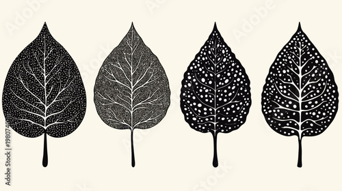 Four stylized, symmetrical leaves in varying black and white patterns, against beige background
